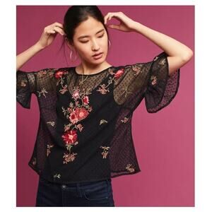 ANTHROPOLOGIE Maeve Cadiz Sheer Mesh Floral Embroidered Top Black Red Sz S